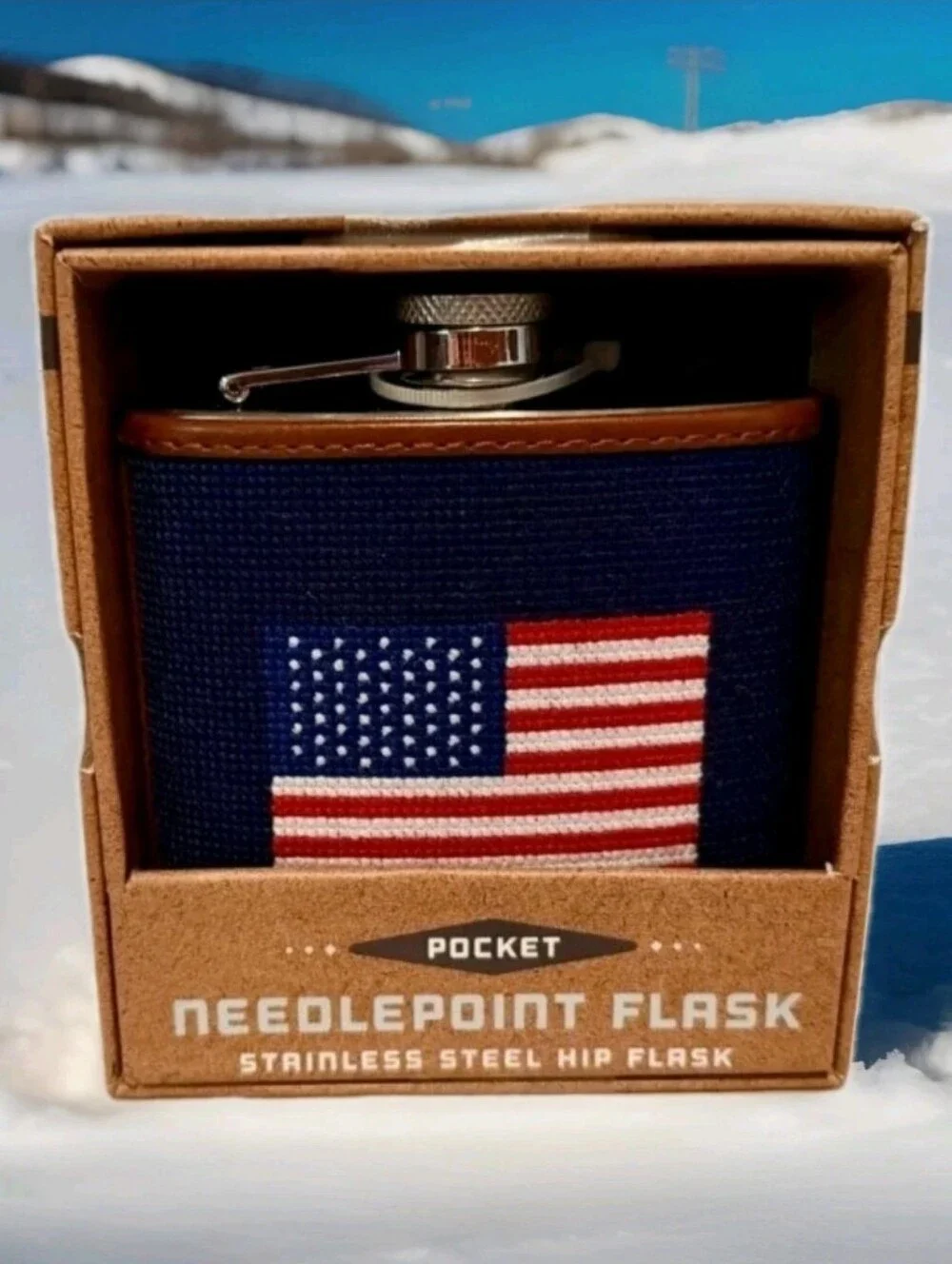 THE KRAFTSMAN CO. :AMERICAN FLAG: NEEDLEPOINT: STAINLESS STEEL: FLASK: 6 OZ: NEW